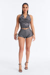 Festival Vibe Shiny Halter Micro Short Set - Black.