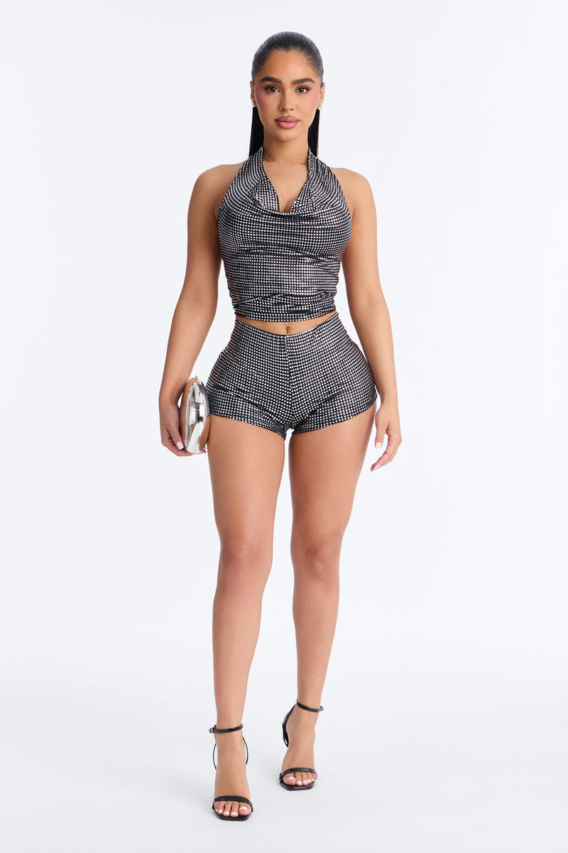 Festival Vibe Shiny Halter Micro Short Set - Black.