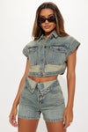 Brenda Washed Denim Short Set - Vintage Wash.