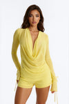Ysabel Cowl Neck Mesh Short Set - Yellow.