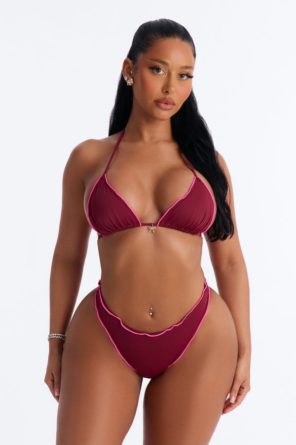 Summer Dream 2 Piece Lettuce Trim Triangle Bikini Set - Plum.