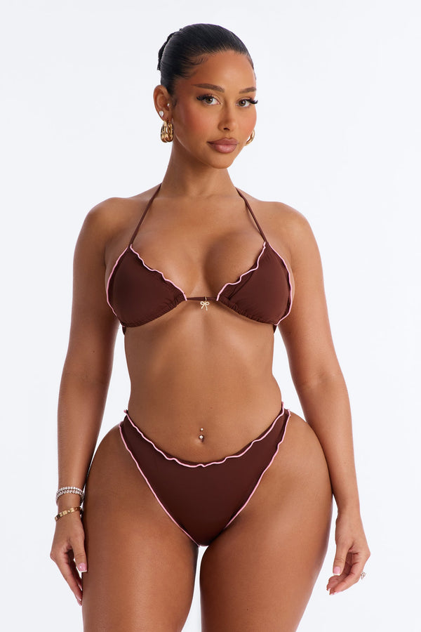 Summer Dream 2 Piece Lettuce Trim Triangle Bikini Set - Chocolate.