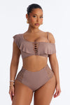 Low Tide Ribbed 2 Piece Ruffle One Shoulder Bikini Set - Taupe.