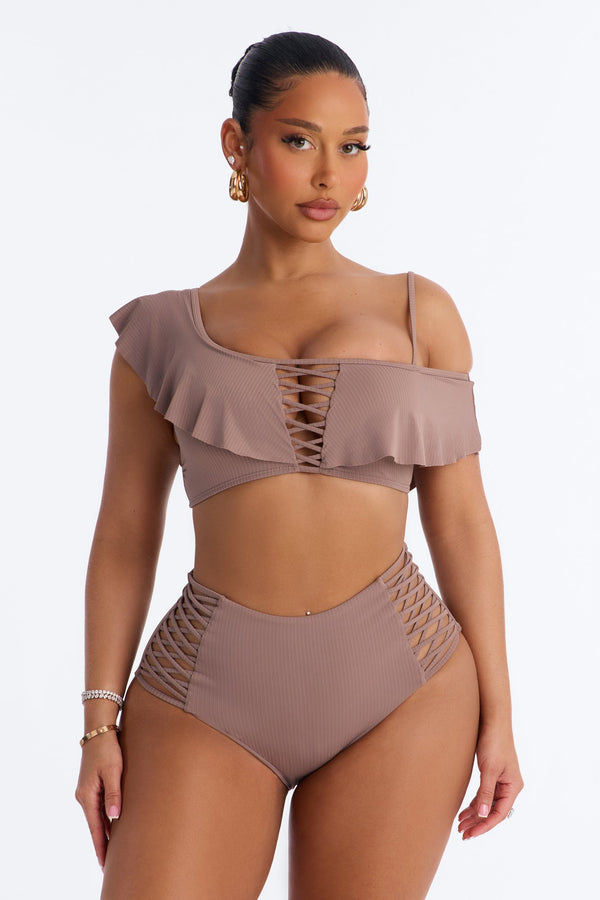 Low Tide Ribbed 2 Piece Ruffle One Shoulder Bikini Set - Taupe.