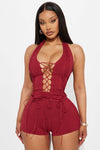 Midnight Madness Lace Up Halter Top and Short Set - Red.