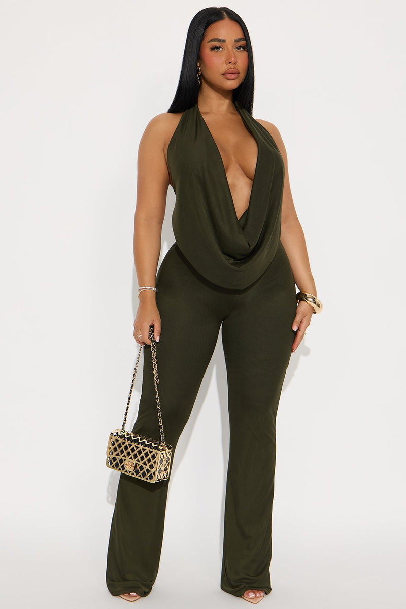 Shayna Cowl Halter Mesh Pant Set - Olive.