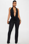 Shayna Cowl Halter Mesh Pant Set - Black.