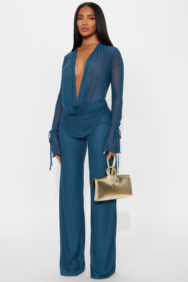 Silent Muse Cowl Neck Mesh Pant Set - Teal.