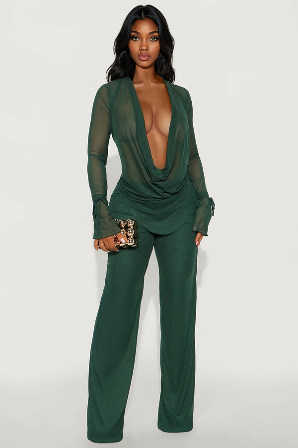 Silent Muse Cowl Neck Mesh Pant Set - Hunter.